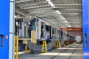 Inside of the rail car assembly plant. Industrial workshop for the production of European high speed trains