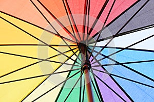 Inside a rainbow-colored umbrella