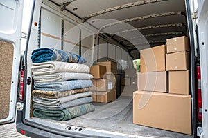 Inside of a removal van with blankets and cardboard boxes