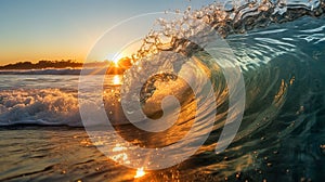 Inside a rolling wave in the ocean as it breaks at sunrise or sunset