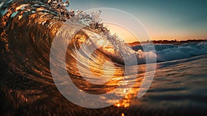 Inside a rolling wave in the ocean as it breaks at sunrise or sunset