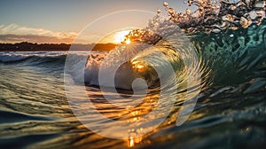 Inside a rolling wave in the ocean as it breaks at sunrise or sunset