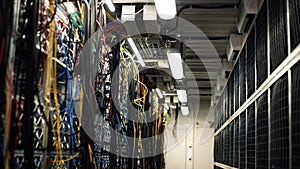 Inside room with data centers and cables. Stock footage. Room with data centers, cables and solar panels to absorb