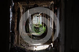 Hallway in old and ruined hotel photo