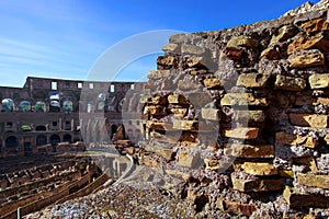 Inside the ruins of the Colosseum - landmark attraction in Rome, Italy
