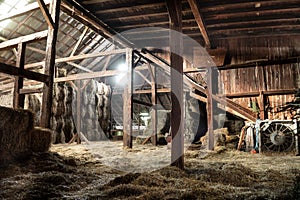 Inside Rustic Wooden Old Barn Hay Bales Straw Sunlight Rays Light Beams Farm