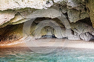 Inside sea cave in Zakynthos, Greece. Ionian sea. Xigia beach