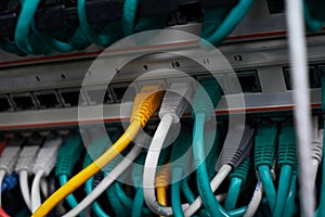 Inside of a server room. Cables in datacenter.