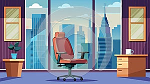 Inside a skyscraper office there is a view from the window of multi-storey buildings