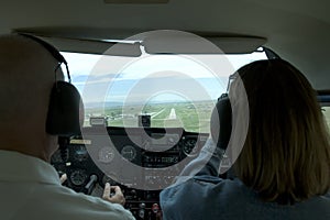 Inside small airplane cockpit