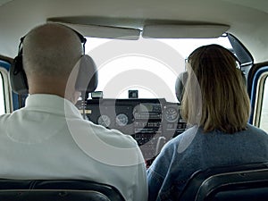Inside small airplane cockpit