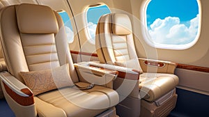 Inside of a small business jet. Interior of luxury private airplane with empty leather chairs