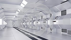Inside spaceship or space station interior, Sci-Fi tunnel, corridor with empty space, 3D rendering
