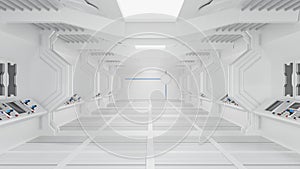 Inside spaceship or space station interior, Sci-Fi tunnel, corridor with empty space, 3D rendering