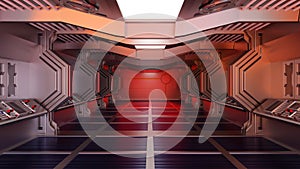 Inside spaceship or space station interior, Sci-Fi tunnel, corridor with empty space, 3D rendering
