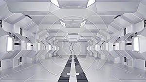 Inside spaceship or space station interior, Sci-Fi tunnel, corridor with empty space, 3D rendering