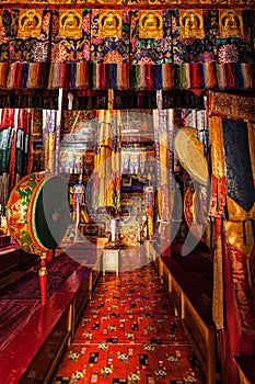 Inside Spituk Gompa Tibetan Buddhist monastery. Ladakh, India