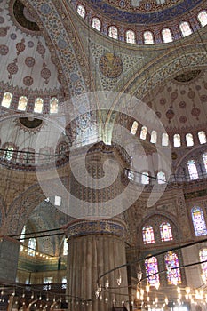 Inside the Sultan Ahmed Mosque (Blue Mosque). Hand-painted blue tiles adorn the mosqueâ€™s interior walls