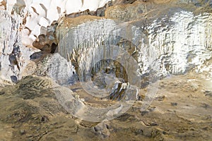 Inside the Sung Sot Cave Surprise Grotto in Ha Long Bay with thousands of stalactites and stalagmites