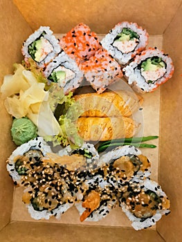 Inside a sushi box. Japanese cuisine