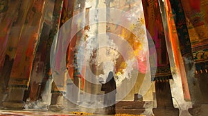 Inside a temple adorned with colorful tapestries a priestess stands before a billowing altar of incense. As she raises