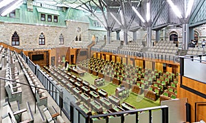 Inside the temporary Canada House of Commons Chamber in the West Blcok on Parliament Hill in Ottawa, Ontario, Canada