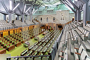 Inside the temporary Canada House of Commons Chamber in the West Blcok on Parliament Hill in Ottawa, Ontario, Canada