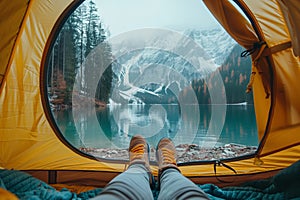 Inside tent view of snowy mountain landscape