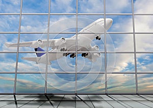 Inside Terminal with plane shape taking off on a sunny day