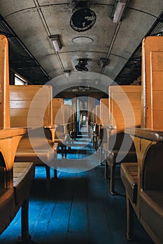 Inside of Thai Diesel Train which built in 20th century with Wooden Seats and without air conditioned photo