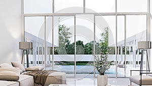 Inside to outside animation of minimal style modern white living room with swimming pool terrace 3d render