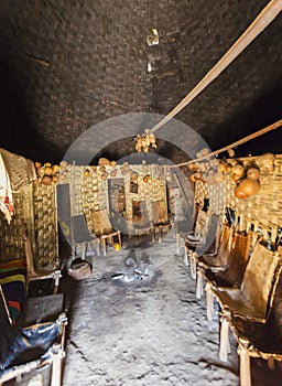 Inside traditional Dorze house. Hayzo village, Omo Valley, Ethiopia