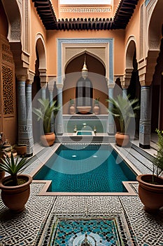 Inside a traditional Maroccan riad, a hidden oasis of tranquility within city walls, peaceful courtyards, tilework