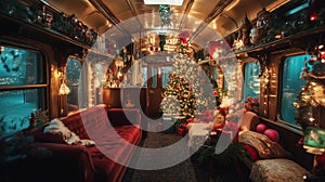 Inside train carrage christmas decoration. By generative Ai