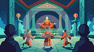 Inside a tranquil temple monks in traditional robes guide their students through the ancient art of Tai Chi in a virtual