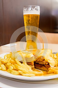 Inside of typical Portuguese meat sandwich called Francesinha