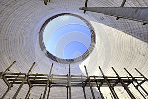 Inside the unfinished and abandoned cooling tower at Chernobyl