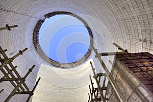 Inside the unfinished and abandoned cooling tower at Chernobyl Nuclear Power Plant, Ukraine