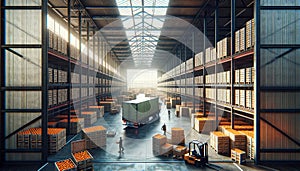 Inside a vast warehouse with high shelves filled with crates of oranges.