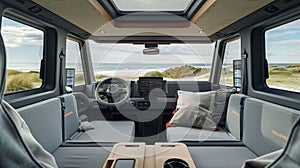 Inside the vehicle, a minimalist design strategy enhances the modern recreational lifestyle. AI Generate