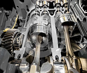 Inside view of 4 stroke engine cylinders, pistons and valves