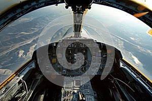 Inside View of an Airplane Cockpit, A pilot\'s perspective from the cockpit of a fighter aircraft, AI Generated