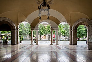 Arches of the Quadriportico gallery in Bergamo, Italy photo
