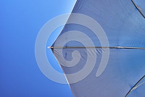 Inside view of a beach umbrella with blue sky in the background