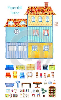 Inside view of big empty cartoon paper doll house with set of furniture and decorations. Hand drawn watercolor illustration