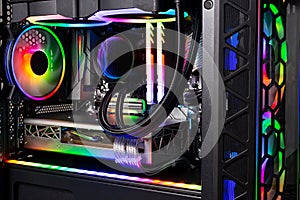 Inside view black high end custom colorful illuminated bright rainbow RGB LED gaming pc. Computer power hardware and technology