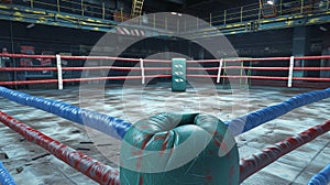 Inside view of a boxing gym with an empty ring and worn equipment, hinting at countless past bouts.