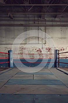 Inside view of a boxing gym with an empty ring and worn equipment, hinting at countless past bouts.