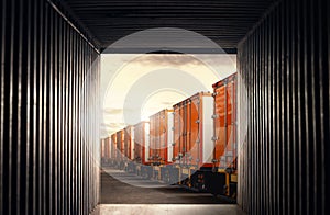 Inside View in Cargo Container. Semi Trailer Trucks Parked Lot with The Sunset Sky. Shipping Container. Delivery Transit. Freight