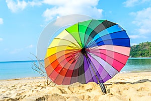 Inside view colourful umbrella and beach background